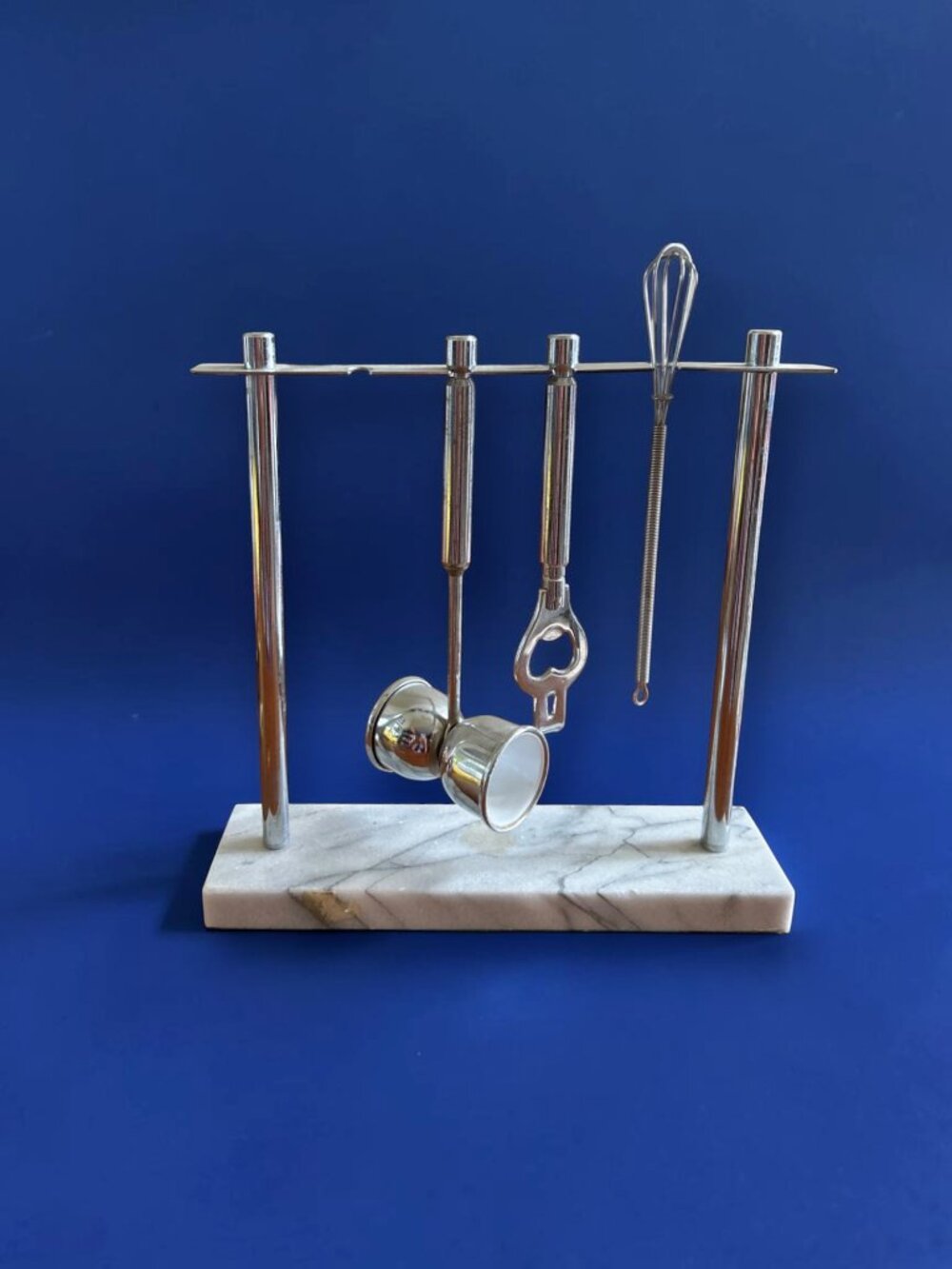 VINTAGE Bar Tool Set Stainless Steel Marble Stand Mid Century Modern Home Decor